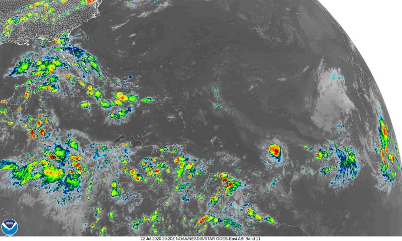 Tropical Atlantic Ocean from GOES-E 22 Jul 2020, kABI Band 11, false colored for cloud top temperature