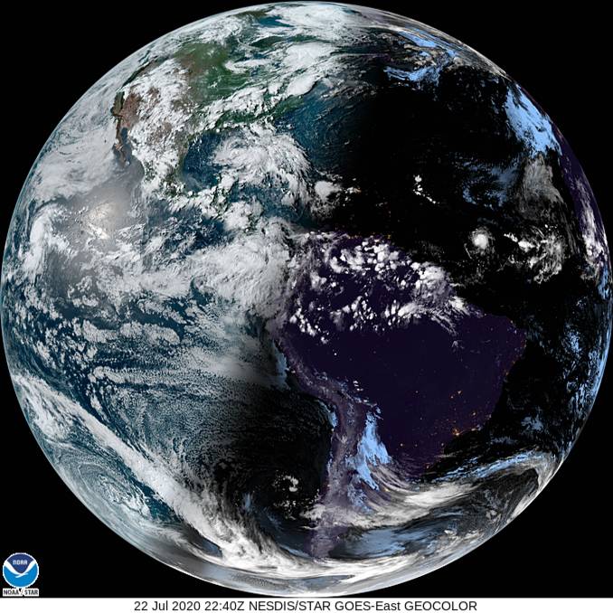 hemispherical view of Earth from GOES-E, 22 Jul 2020